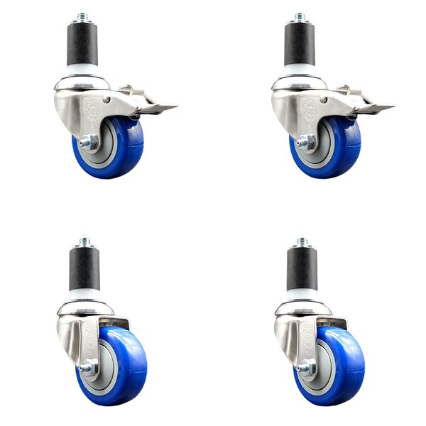 Service Caster 3.5 Inch 316SS Blue Polyurethane Swivel 1-1/2 Inch Stem Caster Lock Brake, 2PK SS316TTLEX20S3514-PPUB-BLUE-2-S2-112 - main